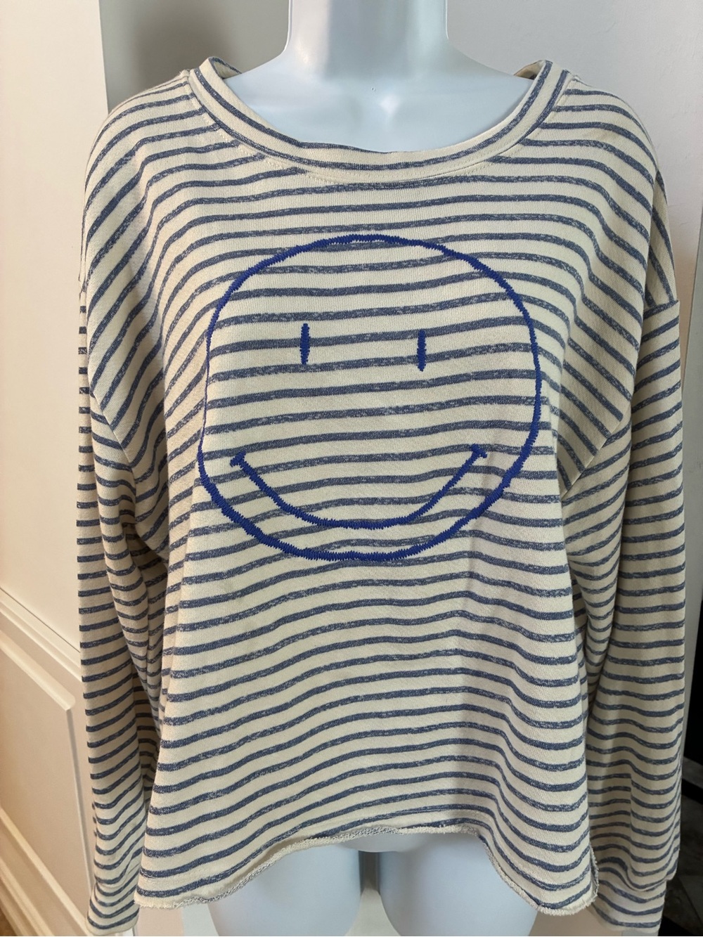 By Together -Striped Smile Graphic Retro Sweater - Blue/Ivory-Sm